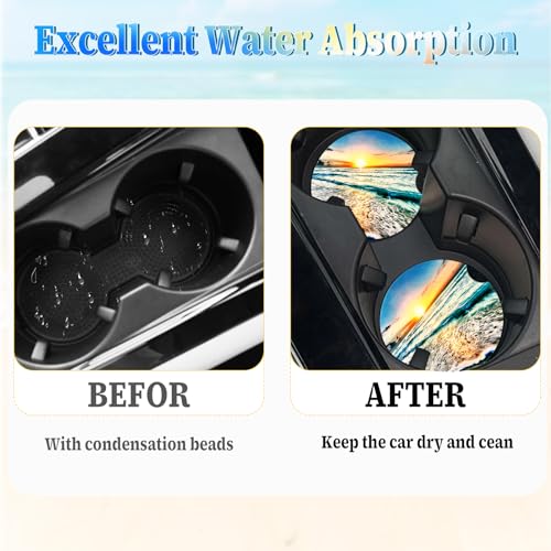 Jeffdad Car Cup Holder Coasters, 2 Pack Absorbent Ceramic Coaster 2.56" Universal Ceramic Stone & Non-Scratch Cork Base Coasters Auto Accessories for Women & Men(Sunset)