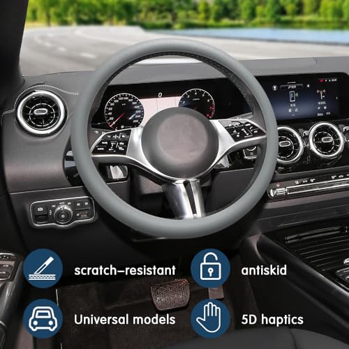 Car Steering Wheel Cover, 13 to 14.17 inches Non-Slip Silicone Steering Wheel Protector, Car Accessories Thin Soft Leather Texture Steering Wheel Protective Cover for Most Cars (Gray) - color: Gray