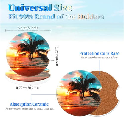 Jeffdad Car Cup Holder Coasters, 2 Pack Absorbent Ceramic Coaster 2.56" Universal Ceramic Stone & Non-Scratch Cork Base Coasters Auto Accessories for Women & Men(Ocean)