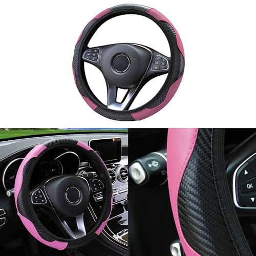 Car Steering Wheel Cover, 15 inch Carbon Fiber Microfiber PU Leather Elastic Steering Wheel Protector for Men Women, Anti-Slip Breathable Car Interior Accessories for Most Cars (Pink) - color: Pink
