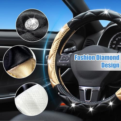 Black and Gold Steering Wheel Cover, Auto Cute Diamond Bling Soft Comfort Leather Car Interior Accessories Protector Sparkly Fit Most O-Shaped Steering Wheels