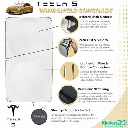 Windshield Sun Shade Compatible for Tesla Model S | Certified 99.87% UVB & 99.02% UVA Car Sun Shade. Award Winning Sunshade - Patented Technology | Car Shades by Kinder Fluff - size: Model S