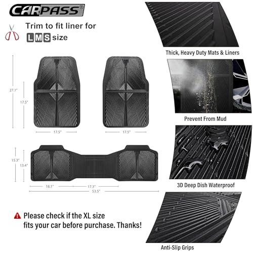 CAR PASS Rubber Floor Mats, All Weather Waterproof Trim-to-Fit Automotive Mats for Cars Trucks SUV, Anti-Slip Easy Clean, Heavy Duty Full Set 3-Piece, All Black - color: Black