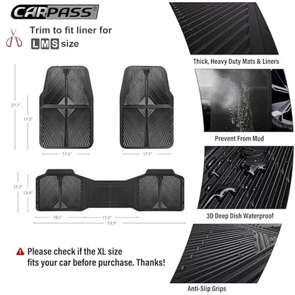 CAR PASS Rubber Floor Mats, All Weather Waterproof Trim-to-Fit Automotive Mats for Cars Trucks SUV, Anti-Slip Easy Clean, Heavy Duty Full Set 3-Piece, All Black - color: Black