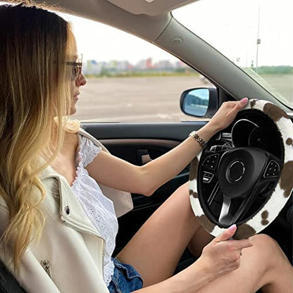 JINGSEN11 Pieces Fluffy Car Accessories Set,Fluffy Cow Print Plush Steering Wheel Covers for Women Soft Fleece Handbrake Cover Shift Cover Car Trim Warm Non-Slip(Brown) - size: brown