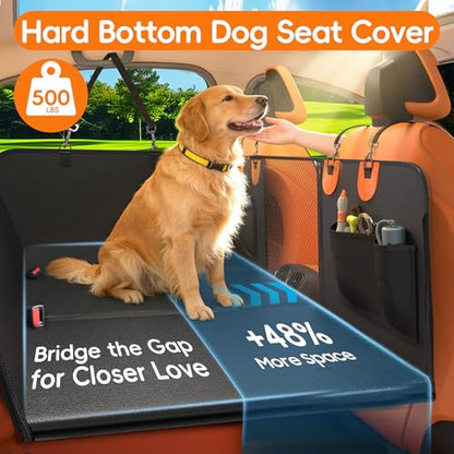 2-In-1 Heavy-Duty Hard Bottom Dog Hammock for Car, 100% Waterproof PU Leather Backseat Cover, Zipper Side Flaps, Non-Slip Extender for Large/Elderly Dogs & Multi-Dog Families,Fits Sedan/SUV/Med.Truck