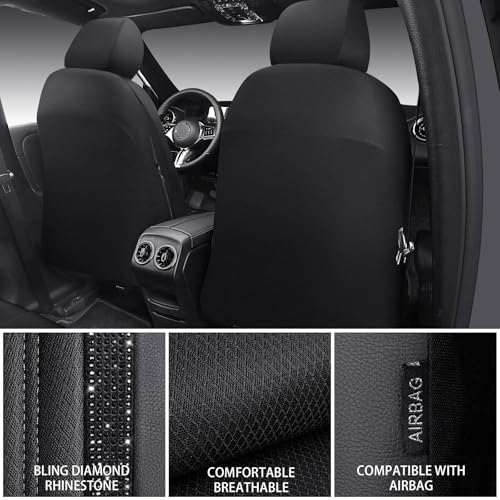 CAR PASS Memory Foam Mesh Bling Diamond Car Seat Cover 2 Front Seats Breathable Soft Sponge Universal Shining Glitter Sparkly Crystal Fit Armrest Automotive Truck SUV Cute Women Girl, Black Rhinestone - color: Black Mesh, size: Two Front Seats