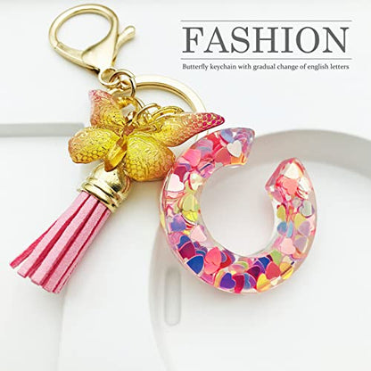 JINGUAZI Initial letter Keychains for Women Tassel Butterfly Pink Purple Cute Car Keychain for Wallet Backpack bag charm - color: C-pink