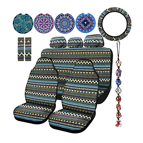 Frienda 14 Pcs Baja Car Seat Covers Full Set Multicolor Stripe Boho Print Steering Wheel Cover Seat Belt Cover Crystal Hanging Ornament Car Holders Fits (Bohemia Style) - style: Bohemia Style