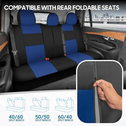 BDK PolyPro Car Seat Covers Full Set in Blue on Black, Front and Rear Split Bench Seat Covers for Cars, Easy to Install Car Seats Cover Set and Accessories for Auto Trucks Van SUV - Blue - color: Blue