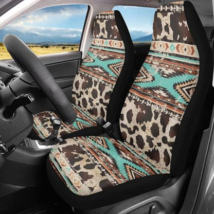 Car Seat Covers Front Seats Only for Women Men Auto Seat Covers Set of 2 Pack Bucket Cover for Cars SUV Truck Sedan, Easy to Install（Aztec Ethnic Cow Leopard Print 83）