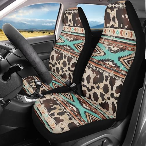 Car Seat Covers Front Seats Only for Women Men Auto Seat Covers Set of 2 Pack Bucket Cover for Cars SUV Truck Sedan, Easy to Install（Aztec Ethnic Cow Leopard Print 83） - color: Aztec Ethnic Cow Print 83