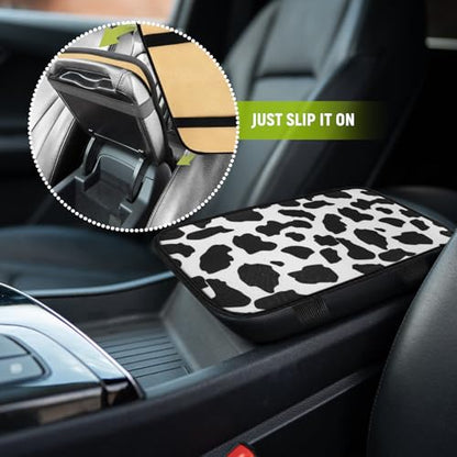SuperKaKa Car Cow Print Armrest Cover-Cute Center Console Mat Cars Interior Accessories for Women Men,Protection Pad Fit Most Auto,Vehicle, SUV, Truck Arm Rest Box (Cow, Black)