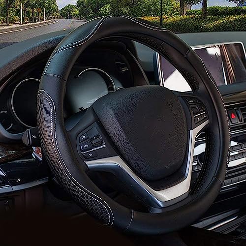 Valleycomfy Leather Steering Wheel Covers Universal 15.75 inch -Breathable, Anti Slip & Odor Free (Black with White Lines,L(15" 1/2-16")) - color: White, size: L(15"1/2-16")