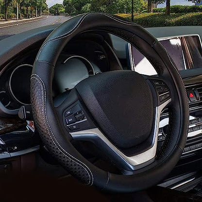 Valleycomfy Leather Steering Wheel Covers Universal 15.75 inch -Breathable, Anti Slip & Odor Free (Black with White Lines,L(15" 1/2-16")) - color: White, size: L(15"1/2-16")