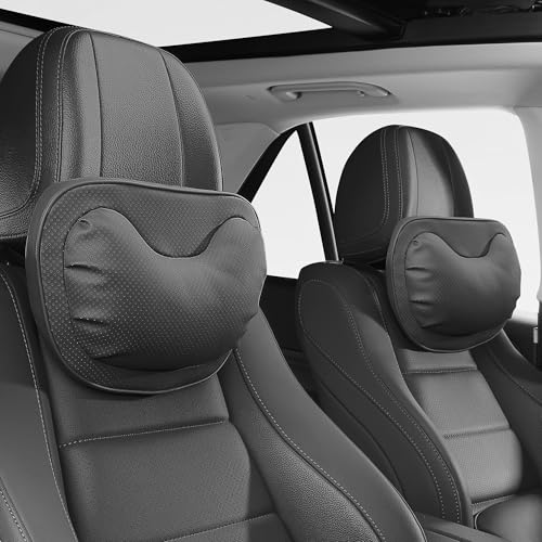 Car Neck Pillow [No More Pressure] Soft Comfortable Premium Leather Headrest with Adjustable Strap – Ergonomic Support for Driving, Office & Gaming, Black, 2 Pack - color: Black, size: Headrest-2P