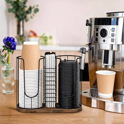 Coffee Cup Holder 18oz 3-Compartment Paper Cup Dispenser Rack with Wood Base - Disposable Cup, Straw & Lid Organizer 3-in-1 Storage for Countertop, Coffee Bar, Kitchen, Office