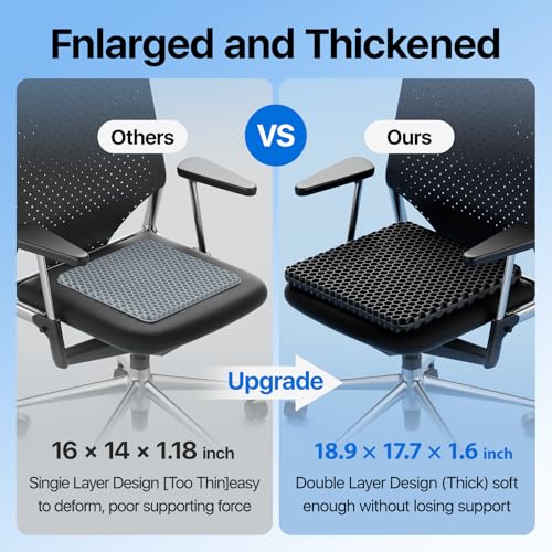 Gel Seat Cushion, Cooling Thick Big Breathable Honeycomb Design Absorbs Pressure Points Seat Cushion with Non-Slip Cover for Office Chair Home Cars Wheelchair - color: Black
