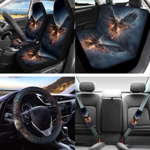 16 Piece Car Interior Cover, Eagle Printed Soft Stretch Front and Back Seat Covers for Cars, Steering Wheel Covers Arm Rest Pads Headrest Cover Seat Belt Pads Coaster Lipstick Holder Keychain - color: Blue and Yellow - Eagle