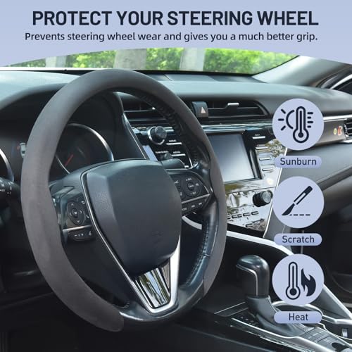 Suede Steering Wheel Cover,Universal Fit 15 Inch-Premium Non-Slip Breathable Comfort Grip for Cars Trucks SUVs,Anti-Slip Durable Interior Upgrade - color: Suede