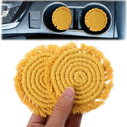 2pcs Cotton Coaster for Car, Car Cup Holder Coasters, Absorbent 3.54 in Boho Cars Cupholder Coaster with Tassel Edges Perfect for Cars,RVs & Home Decor（Sunshine Yellow）