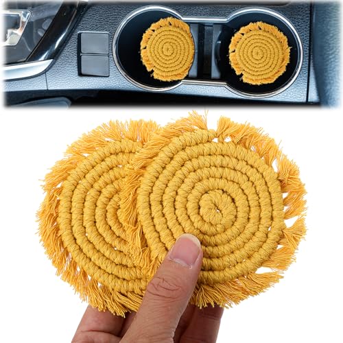 2pcs Cotton Coaster for Car, Car Cup Holder Coasters, Absorbent 3.54 in Boho Cars Cupholder Coaster with Tassel Edges Perfect for Cars,RVs & Home Decor（Sunshine Yellow）