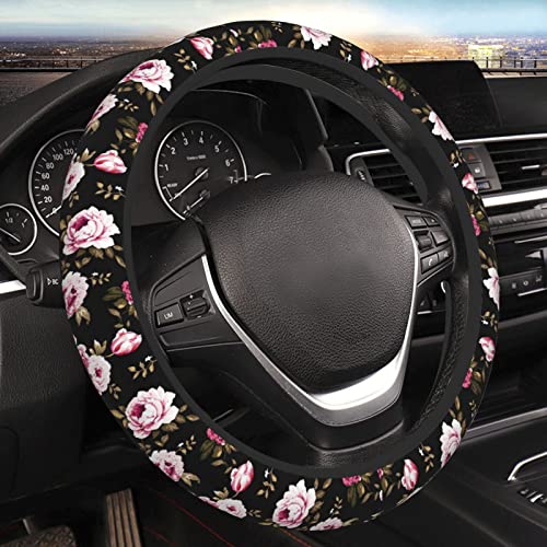 Peony Flower Steering Wheel Cover Women Men Elastic Stretch Soft Car Wheel Protector Universal Breathable No-Slip Car Accessories for Truck Van SUV Auto Fit 14-15 Inches