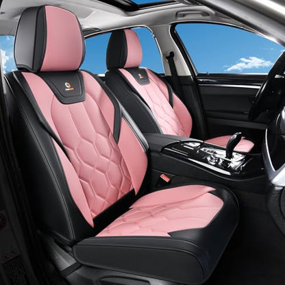 Huidasource Seat Covers Full Set, Universal Fit for Most Cars SUV Trucks, Full Coverage Leather Seat Cover, Airbag, Cupholder Compatible, Seat Function Retain, Easy Install with Velcro, Black & Pink - color: FS: Black&Pink, size: Full Set