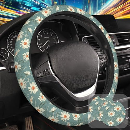 White Daisy Steering Wheel Cover with 2 Pcs Car Coasters Neoprene Steering Wheel Cover for Women Men Anti-Slip Breathable Car Accessories Universal 15 Inch Fit Auto Cars Trucks - color: White Daisy