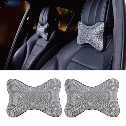 2PCS Car Neck Pillow for Driving Seat, Bling Crystal Rhinestone Diamond Comfortable Headrest Cushion, Head Rest Neck Support Relax, Car Interior Accessories for Women Girly (White) - color: White