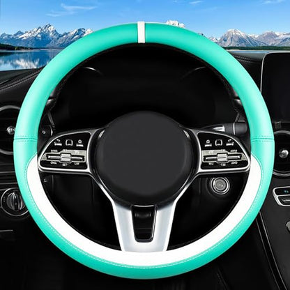 Car Leather Steering Wheel Cover - Panapi Material, Universal 14.5-15 Inch Leather Anti-Slip Breathable Auto Steering Wheel Covers for Men Women (Nappa Leather - Blue & White) - color: Nappa Leather - Blue & White