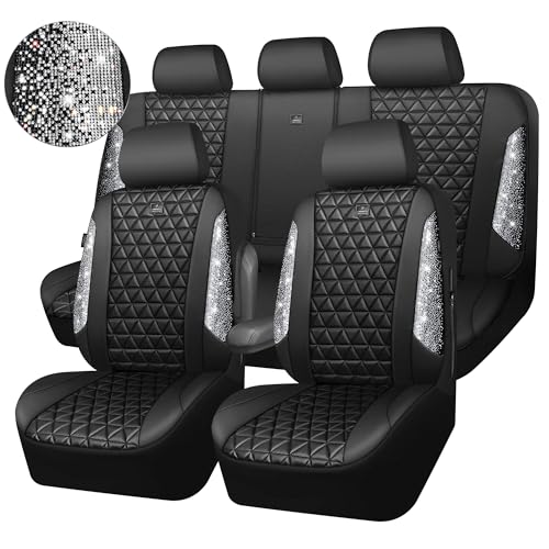 CAR PASS Bling Diamond Leather Car Seat Covers Full Seats Interior Sets, Waterproof Shining Glitter Sparkly Crystal Universal Armrest Fit Automotive Truck SUV Cute Women Girl, Black Silver Rhinestone - color: Silver Rhinestone, size: Full Set