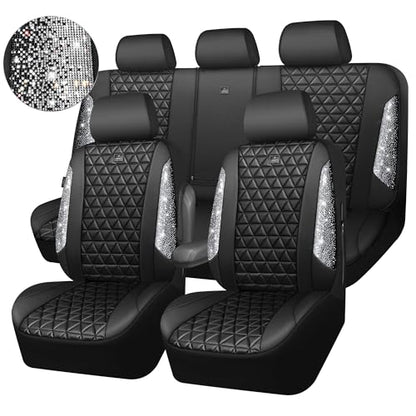 CAR PASS Bling Diamond Leather Car Seat Covers Full Seats Interior Sets, Waterproof Shining Glitter Sparkly Crystal Universal Armrest Fit Automotive Truck SUV Cute Women Girl, Black Silver Rhinestone - color: Silver Rhinestone, size: Full Set