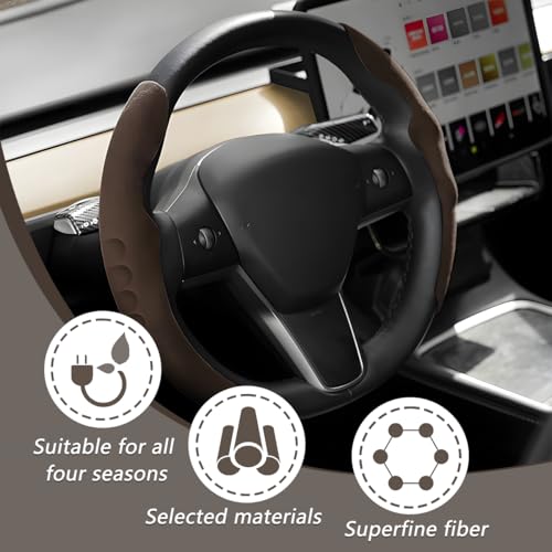 Car Steering Wheel Cover, Suede Leather Anti Slip Segmented Vehicle Steering Wheel Protector, Breathable Automotive Interior Protection Guard Accessories, Universal Fit (Coffee)