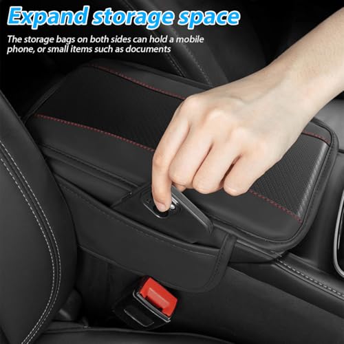 Car Center Console Cover with 2 Storage Bags, Auto Interior Arm Rest Storage Box Pad Accessories, Carbon Fiber Leather Vehicle Armrest Cushion, Universal for SUV, Truck, RV (Black)