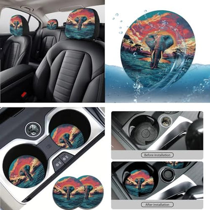 Elephant Sunset Print 15 Pcs Car Interior Covers Set, Car Seat Cover with Seat Belt Covers Car Headrest Cover Steering Wheel Cover Car Coaster - color: Elephant Sunset Print