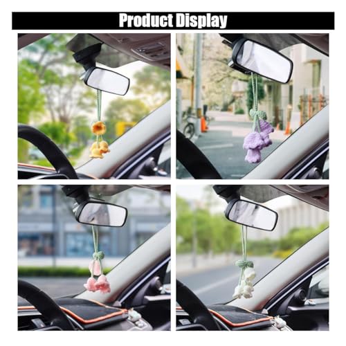 Car Mirror Hanging Accessories, Cute Crochet Suzuran Car Rearview Mirror Charm, Handmade Knitting, Fit for Backpack, Keychain (White)
