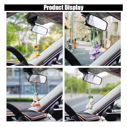 Car Mirror Hanging Accessories, Cute Crochet Suzuran Car Rearview Mirror Charm, Handmade Knitting, Fit for Backpack, Keychain (White)