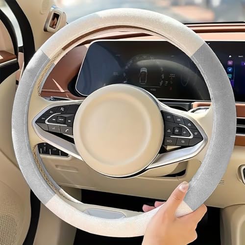 Car Steering Wheel Cover, Linen Full Surround Steering Wheel Outer Protector Shell Set, 15" Universal Breathable Soft Protector Cover Shell for Car Interior Decoration Accessories（White Grey） - color: White Grey