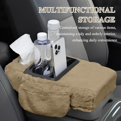 wuyaoyao Car Center Console Armrest Pillow, 13.78"×7.87"×2.76" Soft Plush Arm Rest Cover for Cars, 5-in-1 Warm Fluffy Auto Armrest Cushion Pad w/Pocket, Tissue Box, Cup Holder (Yellow) - color: Yellow