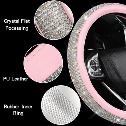Steering Wheel Cover Women Pink Bling Diamond Steering Wheel Cover, Leather Cute Steering Wheel Covers with Crystal Rhinestones, Breathable, Anti-Slip Universal Fit 14.5-15 Inch Bling Car Accessories - color: White Pink