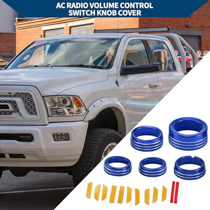 AC Air Conditioner Gear Shift Headlight Media Control Switch Knob Cover for Dodge for RAM 13-17 / Interior Trim/Stylish Aluminum Alloy / 5 Pcs Blue - color: Blue