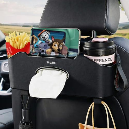 Mu&Ti Back Seat Car Organizer,4+2 in 1 Multifunctional Car Back Seat Storage Box with 2 Cup Holders, Tissue Box and Hook - Ideal for Kids and Travel(Black) - style: Car Storage Box（black）