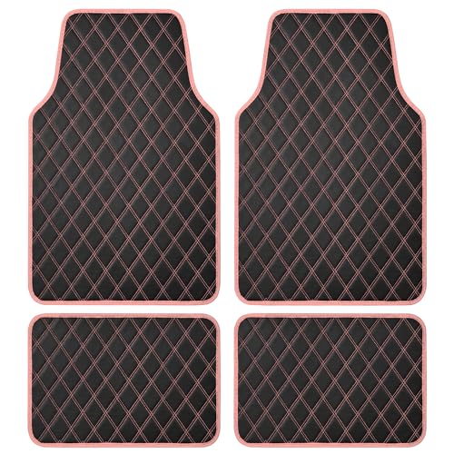 Carbella DiamondLuxe Faux Leather Floor Mats, Universally Sized, Diamond Stitched, All Weather, Easy to Clean, 4pc Set Car Accessories for Car, Truck, Van, and SUV, Easy to Install Car Mats (Pink)