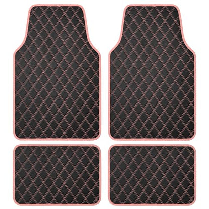 Carbella DiamondLuxe Faux Leather Floor Mats, Universally Sized, Diamond Stitched, All Weather, Easy to Clean, 4pc Set Car Accessories for Car, Truck, Van, and SUV, Easy to Install Car Mats (Pink)