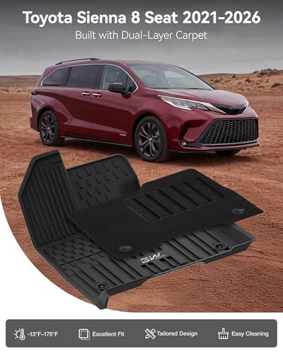 3W Floor Mats with Front Carpet & Trunk Mat for Toyota Sienna 2021-2026 LE/XLE(Only for 8 Seat), TPE All Weather Custom Fit Floor Liner for Sienna 1st, 2nd and 3rd Row and Cargo Mat, Black - size: 1.Sienna 8S|21-26|Full Set&First Row Carpet