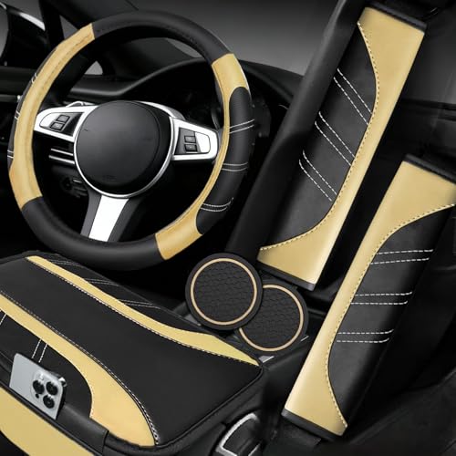 NBTEPEM 6 Pcs Beige Car Accessories Set, Sport Leather Steering Wheel Cover 14.5-15inch Universal, Microfiber Leather Car Center Console Cover, Seat Belt Cushion, Cup Holder Coaster (Black-Beige) - color: Beige, size: Steering Wheel Cover Set