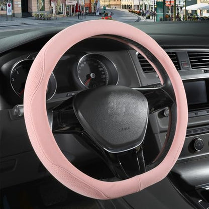 14 inch Pink Suede D Shaped Steering Wheel Cover, Breathable Non-Slip Sweat-Proof Wear-Resistant No Pilling, Warm in Winter and Cool in Summer - color: Pink, size: D Shape-S[13.5''-14'']