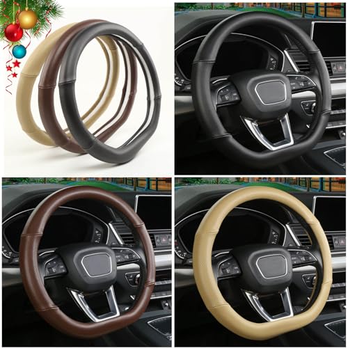 D Shaped Steering Wheel Cover, Genuine Leather Flat Bottom Stearing Wheel Cover Luxury Car Accessories 14 1/2-15 inch (Brown)