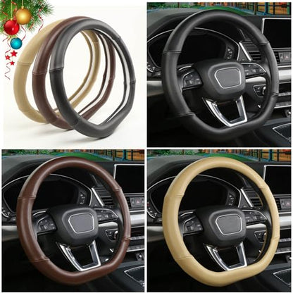 D Shaped Steering Wheel Cover, Genuine Leather Flat Bottom Stearing Wheel Cover Luxury Car Accessories 14 1/2-15 inch (Brown)